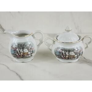 Avon Sugar & Creamer Set Currier & Ives Gold Trim Porcelain 1977 Japan Vintage